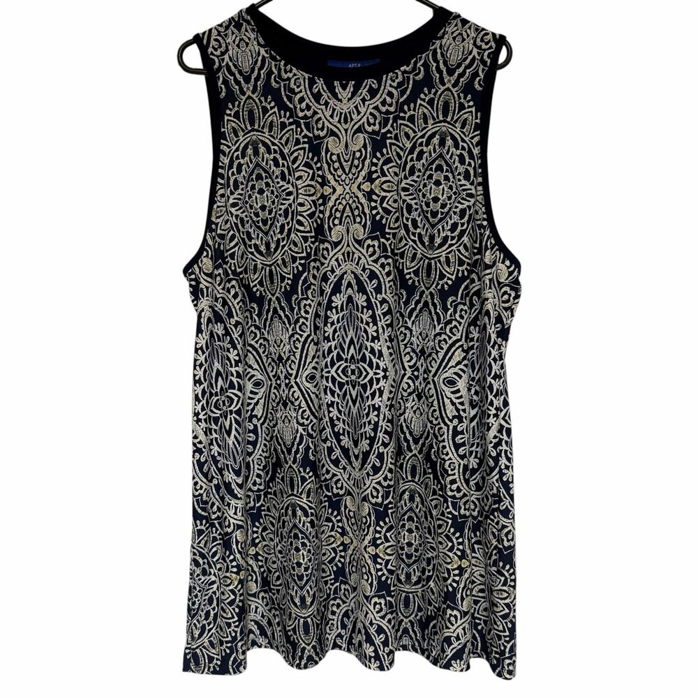 APT. 9 Medallion Floral Stretchy Knit Sleeveless Top Navy Blue Size XL Tank Top